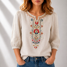Women's Floral Embroidered Blouse in beige, Relaxed Fit