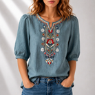 Women's Floral Embroidered Blouse in blue, Relaxed Fit