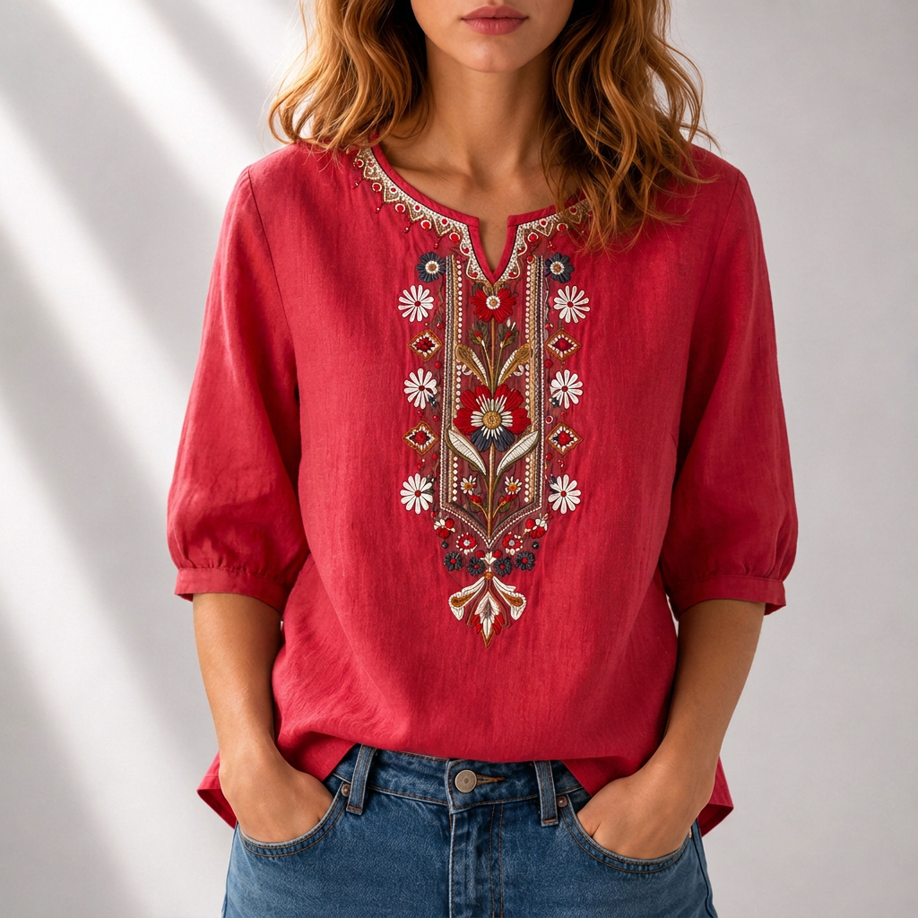 Women's Floral Embroidered Blouse in brick red, Relaxed Fit