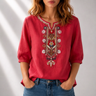 Women's Floral Embroidered Blouse in brick red, Relaxed Fit