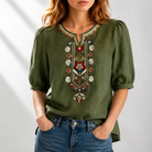 Women's Floral Embroidered Blouse in olive, Relaxed Fit