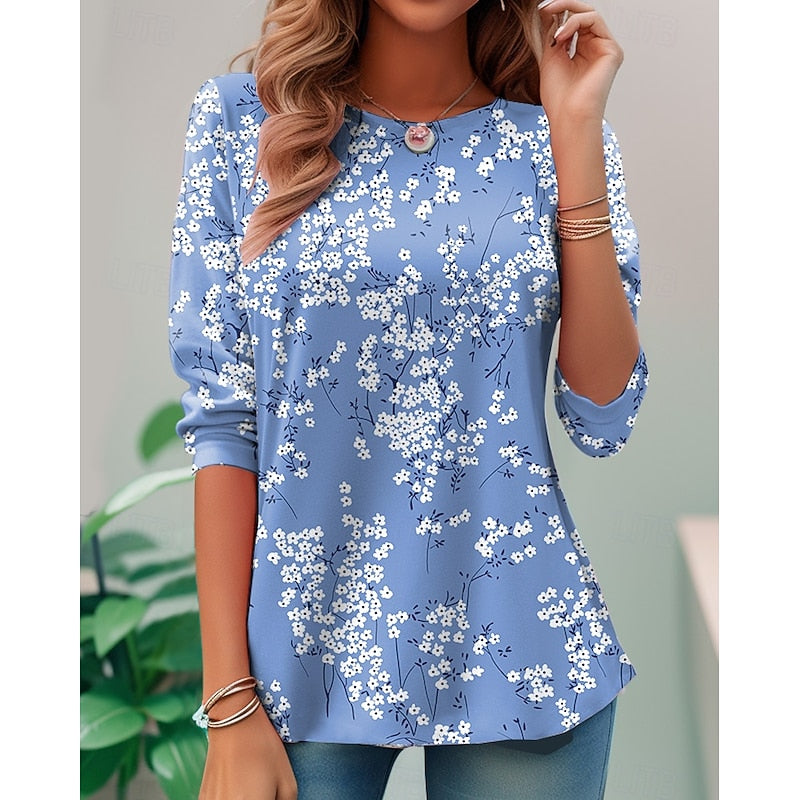 Women's Floral Long-Sleeve Top in blue, Relaxed Fit
