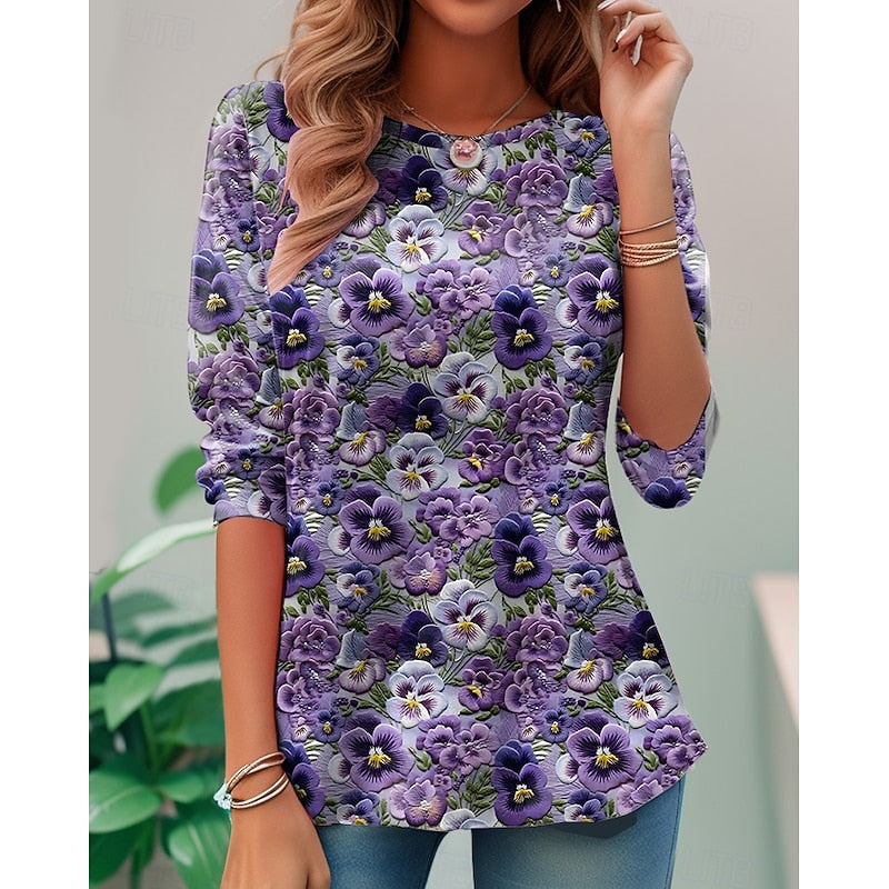 Women's Floral Long-Sleeve Top in purple, Relaxed Fit
