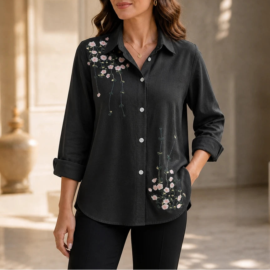 Women's Floral Print Long-Sleeve Shirt in black, Hip-Length Casual Blouse