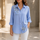 Women's Floral Print Long-Sleeve Shirt in light blue, Hip-Length Casual Blouse
