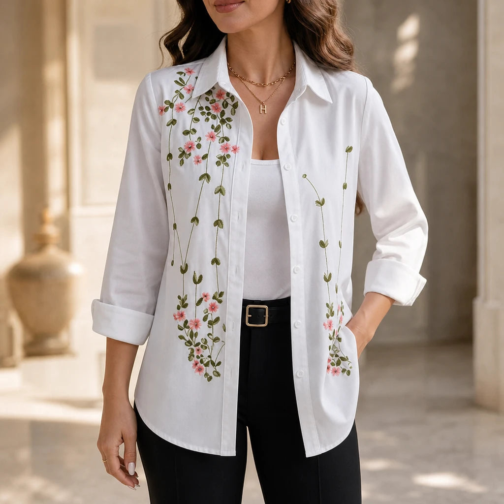 Women's Floral Print Long-Sleeve Shirt in white, Hip-Length Casual Blouse