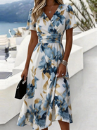 Women's Floral Wrap Midi Dress in blue/yellow, Elegant V-Neck