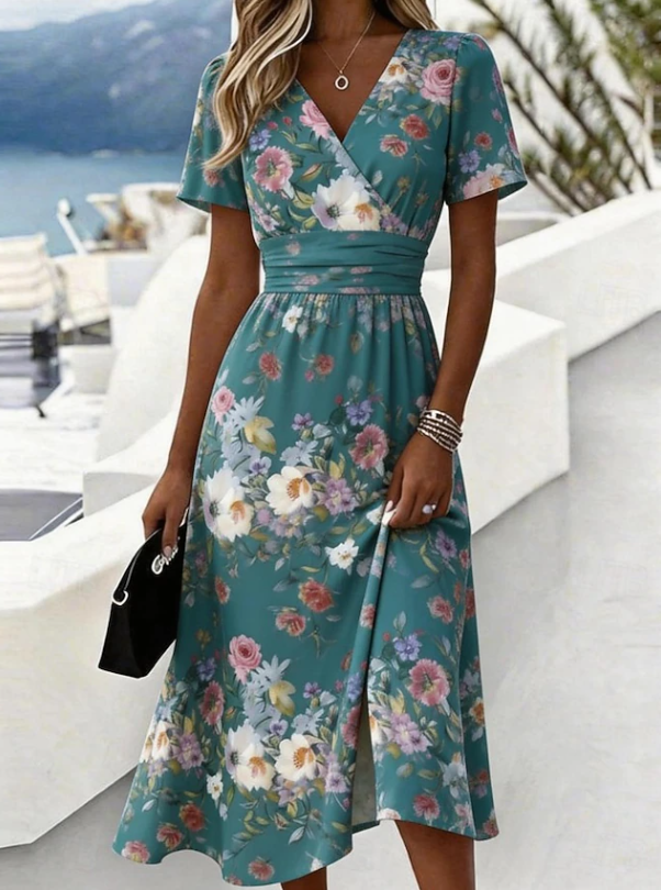 Women's Floral Wrap Midi Dress in green, Elegant V-Neck