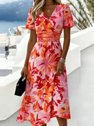 Women's Floral Wrap Midi Dress in orange, Elegant V-Neck