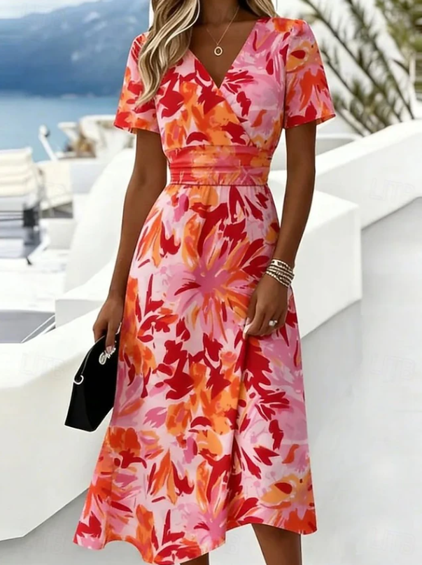 Women's Floral Wrap Midi Dress in orange, Elegant V-Neck