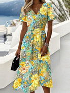 Women's Floral Wrap Midi Dress in yellow, Elegant V-Neck