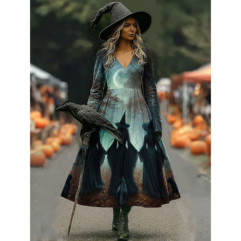 Women's Halloween Witch Print A-Line Maxi Dress - Dark Blue