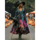 Women's Halloween Witch Print A-Line Maxi Dress - Dark Green