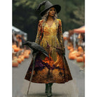 Women's Halloween Witch Print A-Line Maxi Dress - Orange