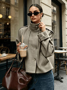 Women's Houndstooth Stand-Collar Jacket - Cropped Khaki