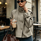 Women's Houndstooth Stand-Collar Jacket in khaki, Cropped Khaki