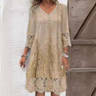 Women's Lace-Trim Midi Dress in khaki, Elegant V-Neck