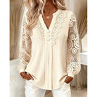 Women's Lace-Trimmed Long Sleeve Blouse in beige, V-Neck
