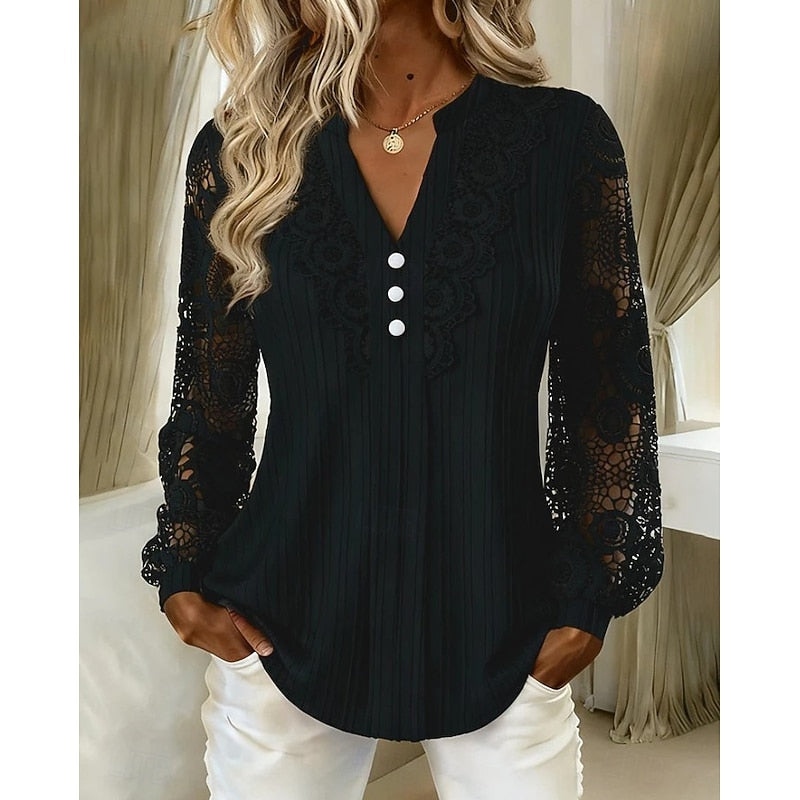 Women's Lace-Trimmed Long Sleeve Blouse in black, V-Neck