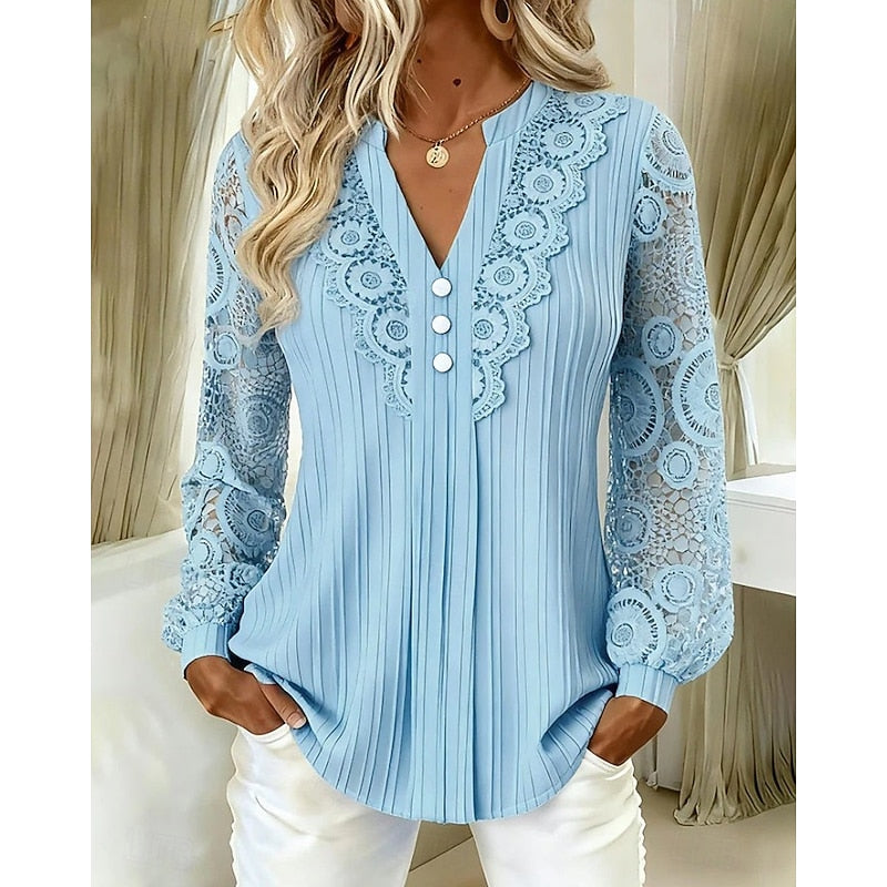 Women's Lace-Trimmed Long Sleeve Blouse in blue, V-Neck