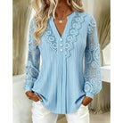 Women's Lace-Trimmed Long Sleeve Blouse in blue, V-Neck