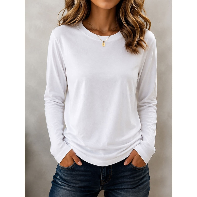 Women's Long Sleeve Crew Neck Top in white, Classic Everyday Essential