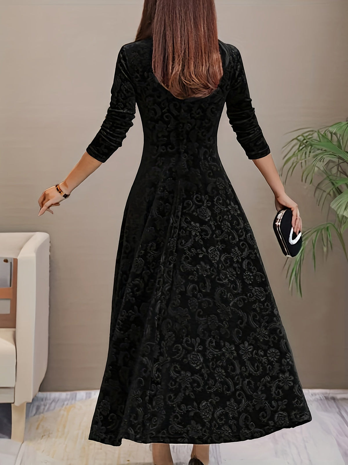 Women's Long-Sleeve Midi Dress in black, Elegant V-Neck
