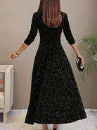Women's Long-Sleeve Midi Dress in black, Elegant V-Neck