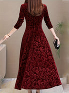 Women's Long-Sleeve Midi Dress in burgundy, Elegant V-Neck