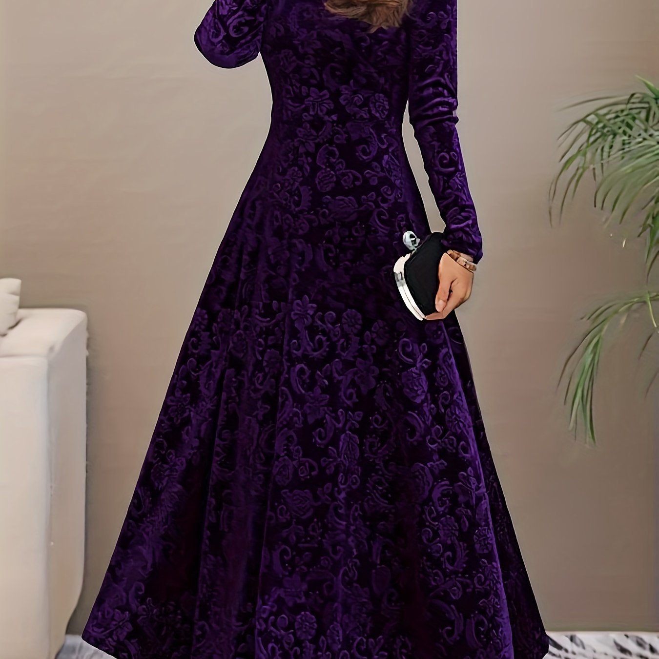 Women's Long-Sleeve Midi Dress - Elegant V-Neck