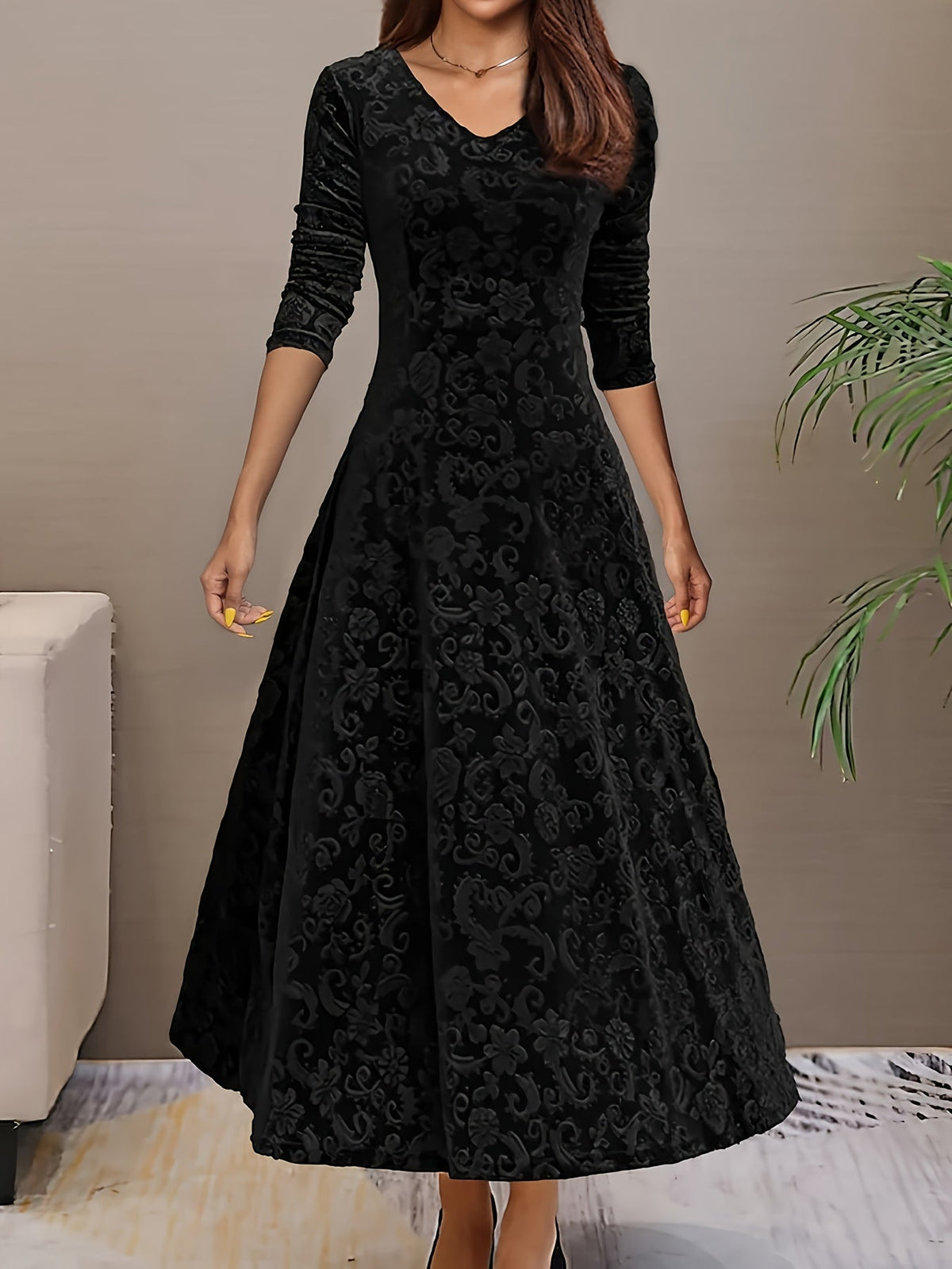 Women's Long-Sleeve Midi Dress - Elegant V-Neck