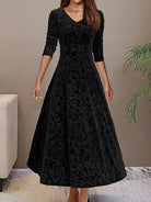Women's Long-Sleeve Midi Dress - Elegant V-Neck