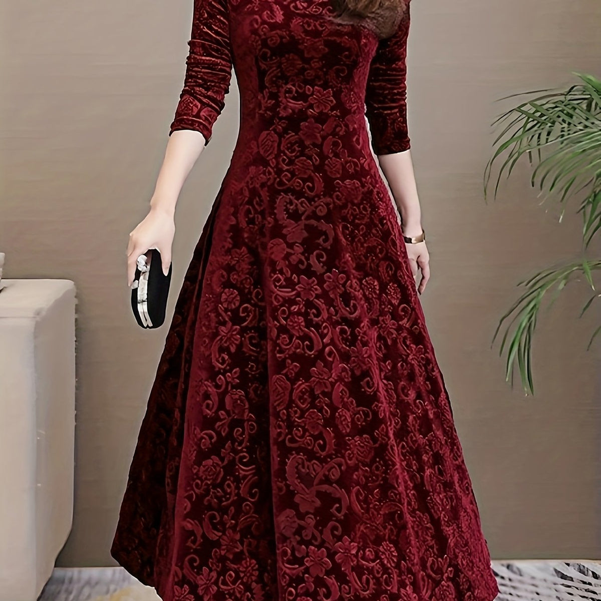 Women's Long-Sleeve Midi Dress - Elegant V-Neck
