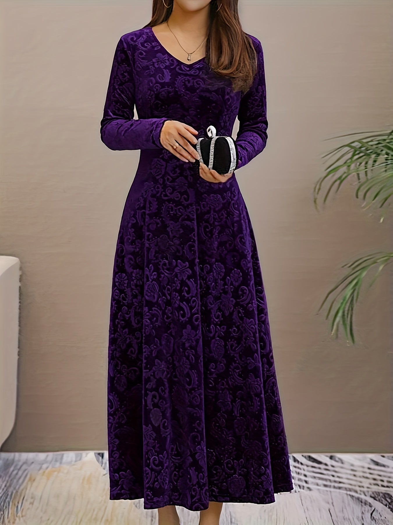 Women's Long-Sleeve Midi Dress - Elegant V-Neck