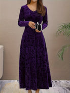 Women's Long-Sleeve Midi Dress - Elegant V-Neck