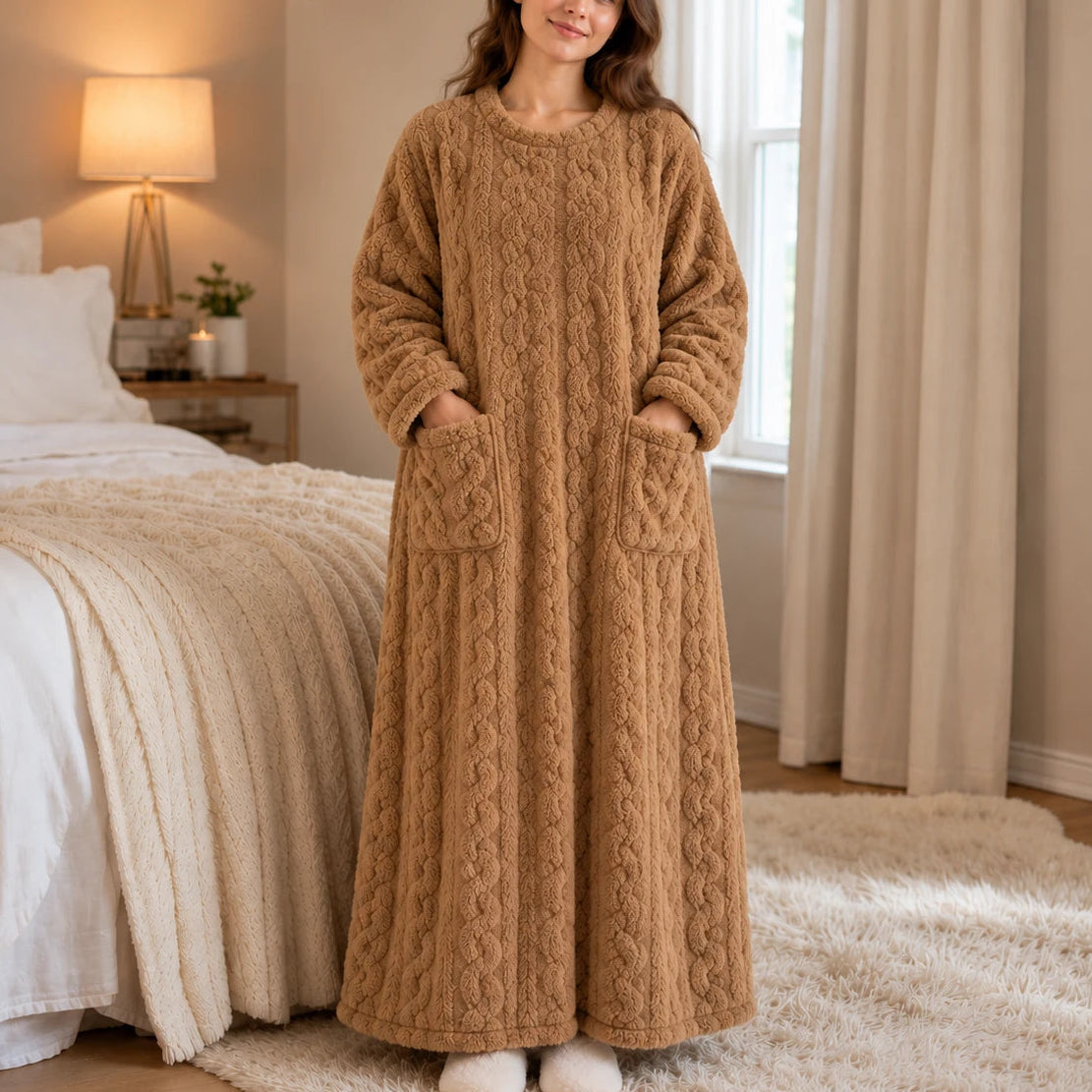 Women's Long Velvet-Look House Dress in brown, Warm Coral Comfort