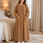 Women's Long Velvet-Look House Dress in brown, Warm Coral Comfort