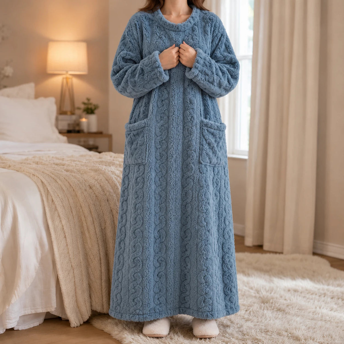 Women's Long Velvet-Look House Dress - Warm Coral Comfort