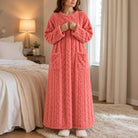 Women's Long Velvet-Look House Dress in pink, Warm Coral Comfort