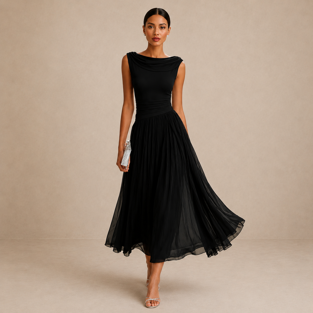 Women's Midi Dress with Cowl Neckline - Elegant Draped Design