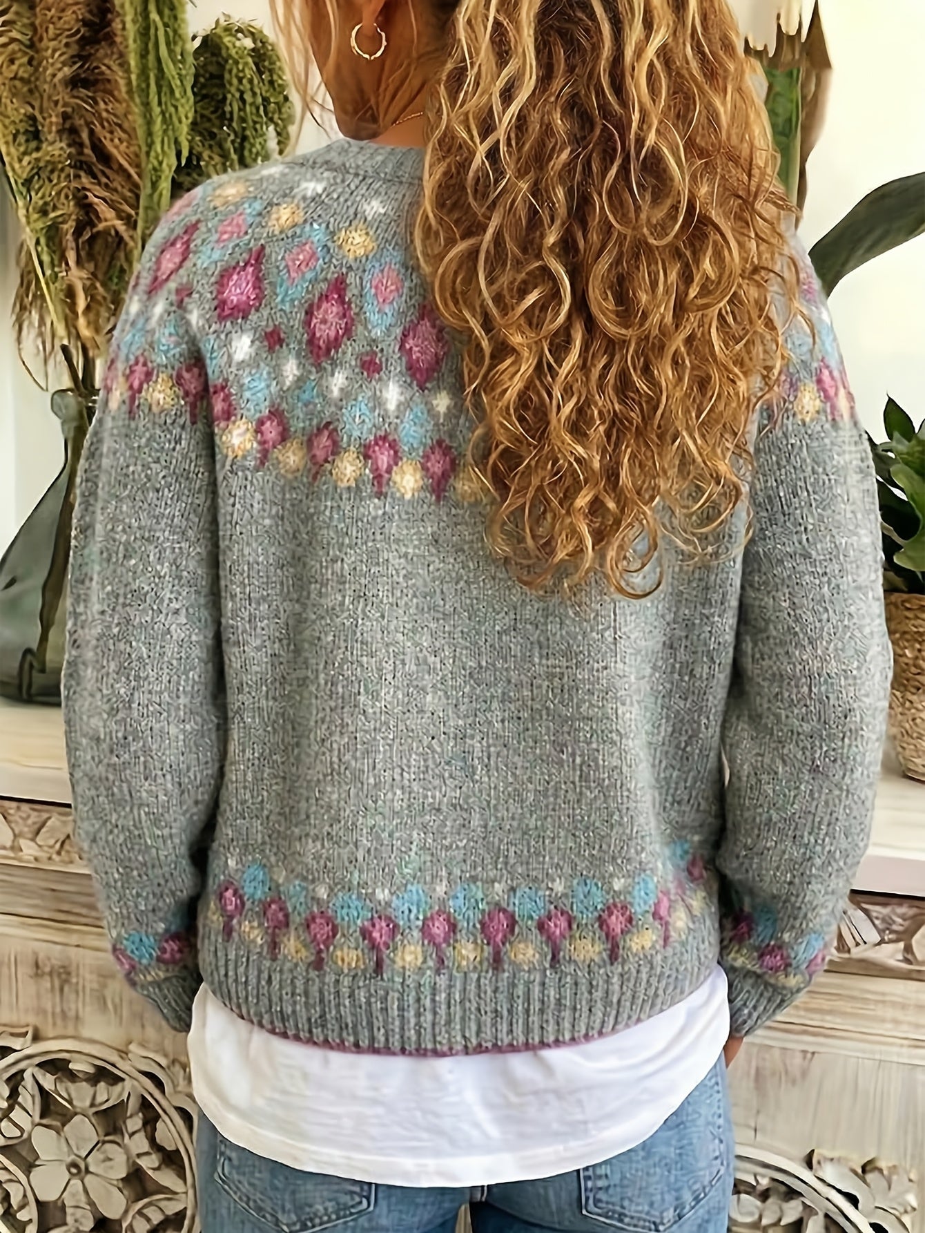 Women's Nordic Patterned Cardigan - Relaxed Button-Front Layer