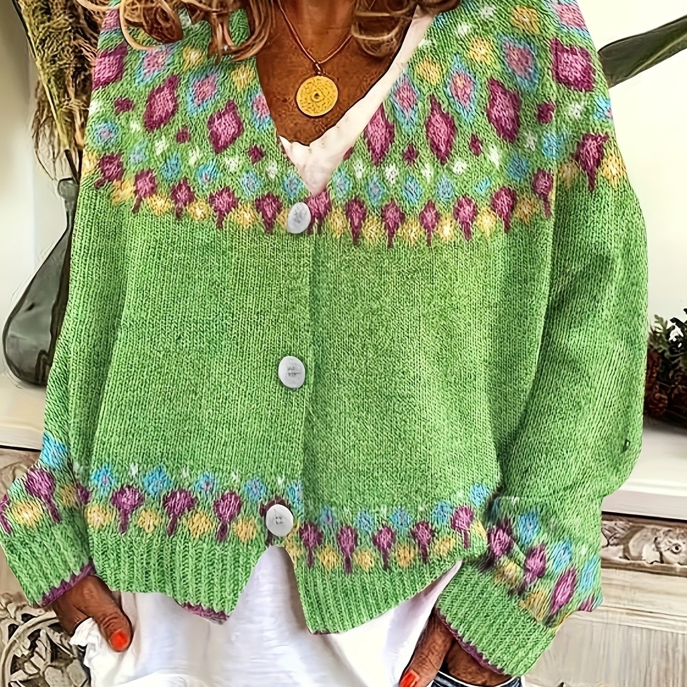 Women's Nordic Patterned Cardigan in green, Relaxed Button-Front Layer