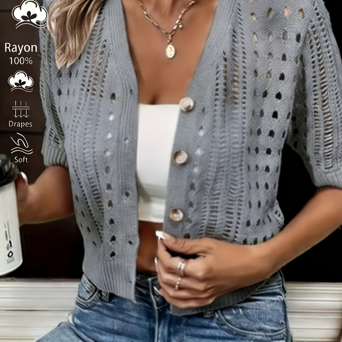 Women's Open-Knit Short-Sleeve Cardigan in deep grey, Delphine