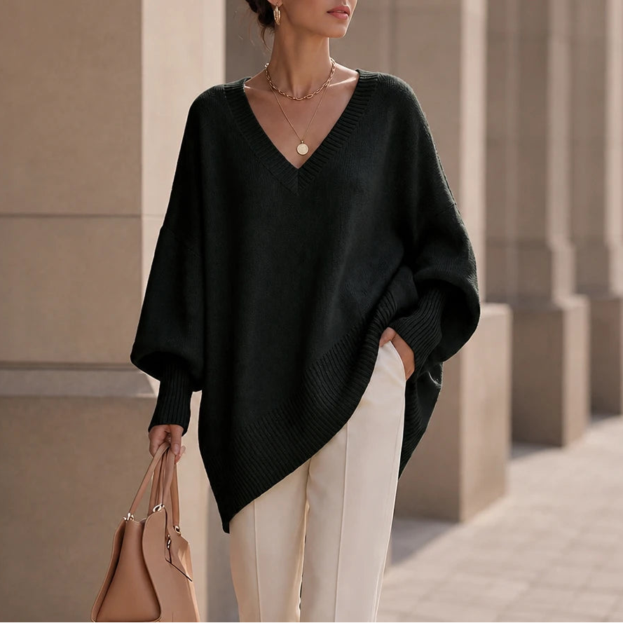 Women's Oversized V-Neck Knit Sweater in black, Relaxed Fit