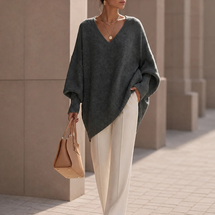 Women's Oversized V-Neck Knit Sweater in dark grey, Relaxed Fit