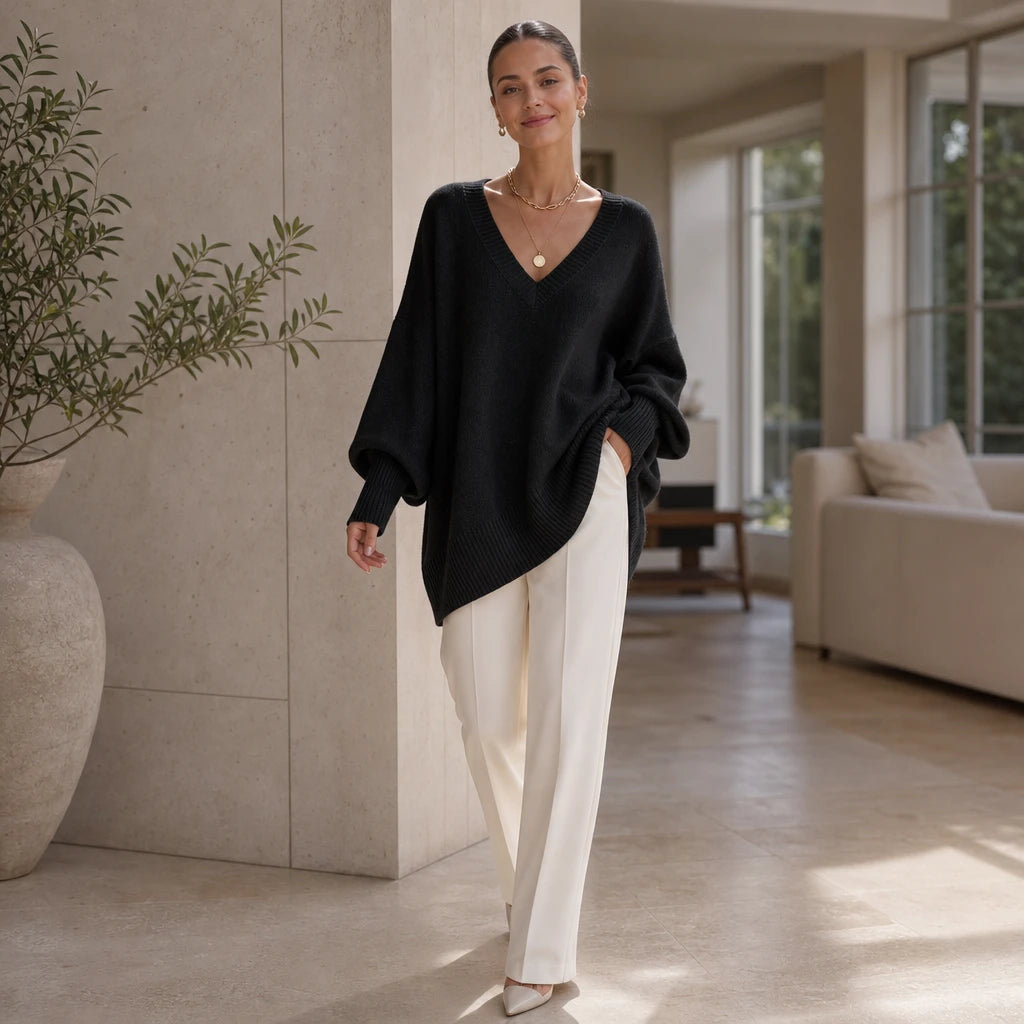 Women's Oversized V-Neck Knit Sweater - Relaxed Fit
