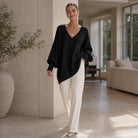 Women's Oversized V-Neck Knit Sweater - Relaxed Fit