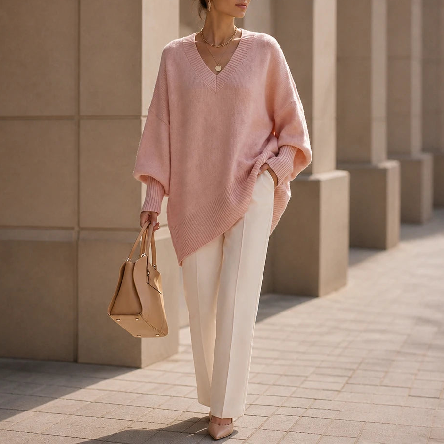 Women's Oversized V-Neck Knit Sweater in pink, Relaxed Fit
