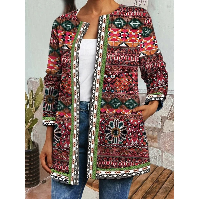 Women's Patterned Open-Front Jacket in green, Relaxed Fit