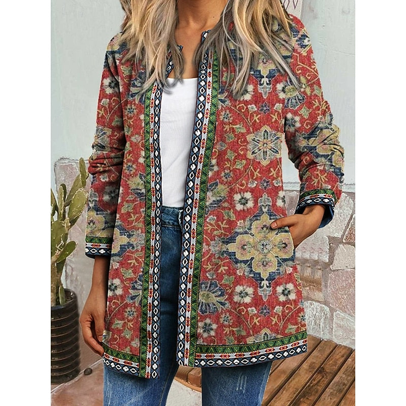 Women's Patterned Open-Front Jacket in red, Relaxed Fit